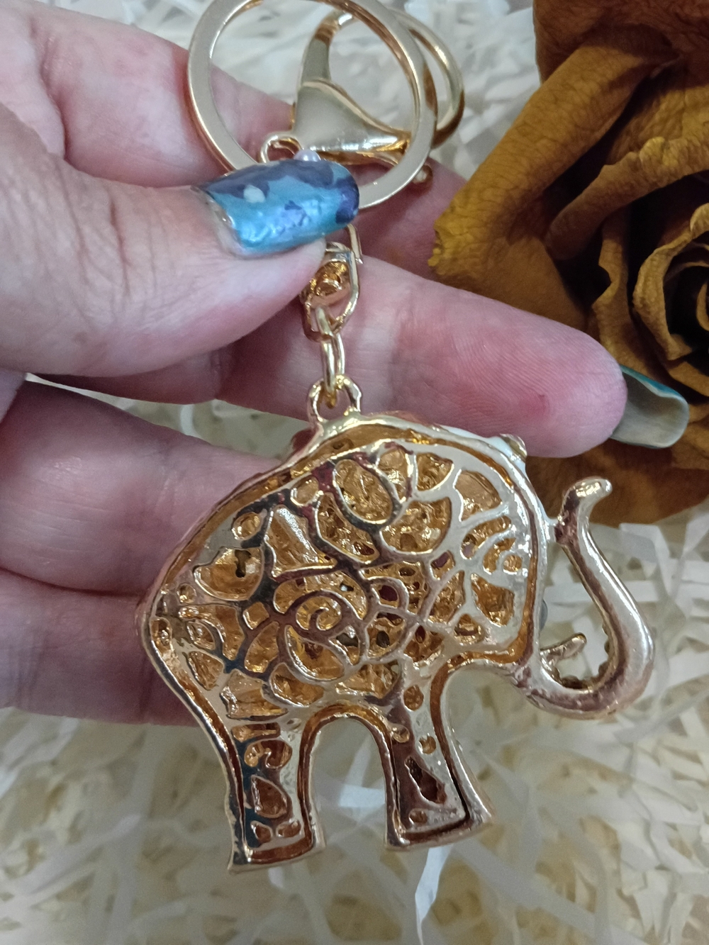 Gold and White Crystal Elephant Keychain - Women's Key & Card Holder Accessory - Picture 6 of 6